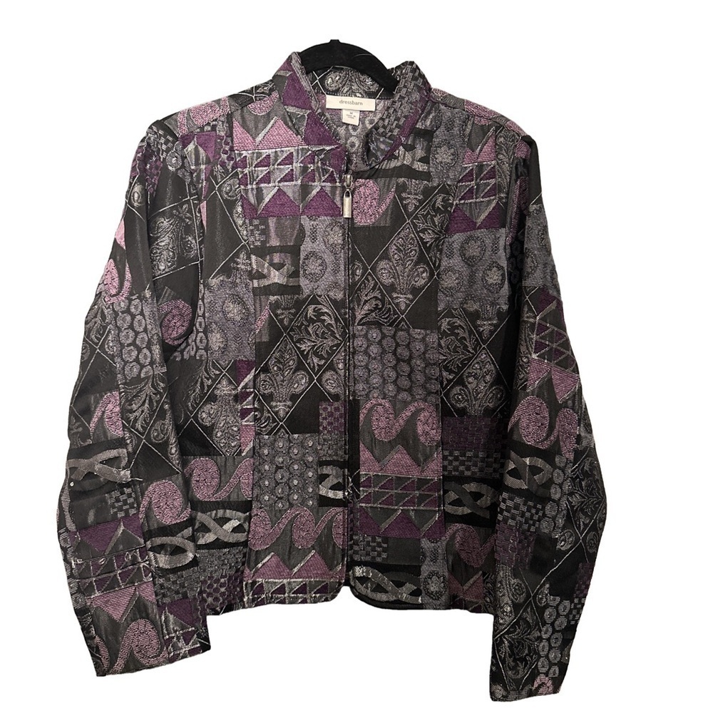DRESSBARN Size M Purple Black and Metallic Gray Patchwork Full Zipper Jacket